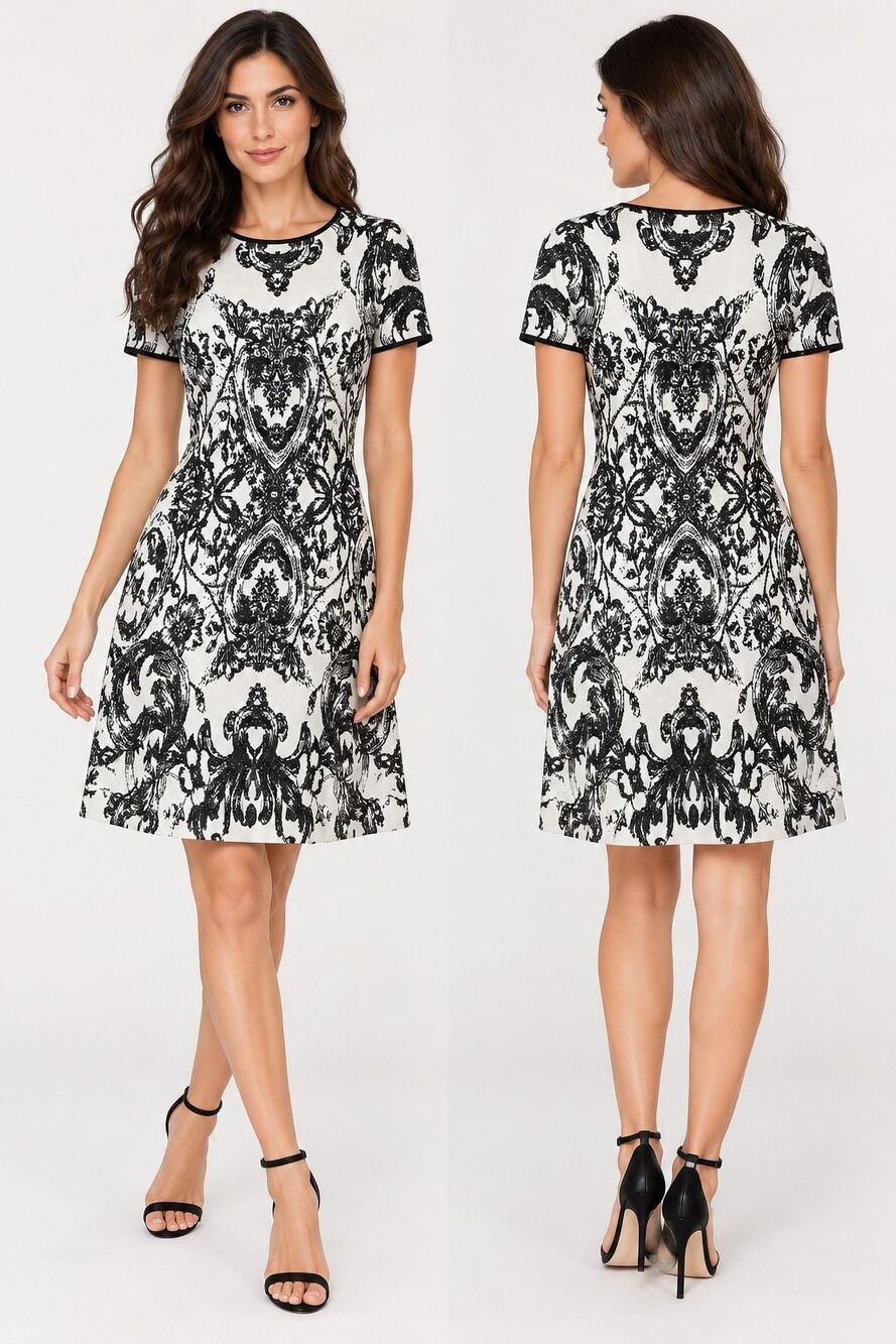NK32 Naeem Khan Black White Baroque Print Fit Flare Cocktail Dress S NWT